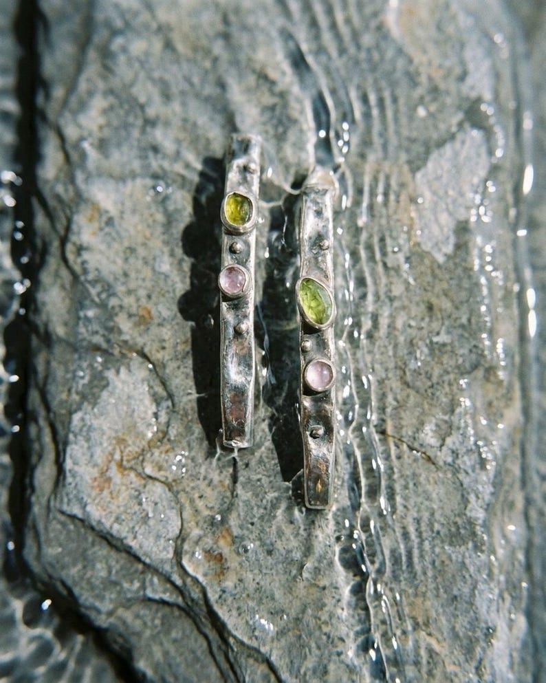Long Drop Earrings 925 Sterling Silver, Handmade Hammered Dangle Earrings with Peridot and Amethyst, Oxidized Artisan Jewelry Gift image 7