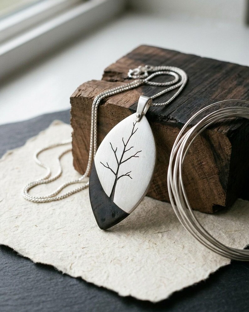 Tree of Life Necklace 925 Sterling Silver and Ebony Wood, Handmade Hand Sawn Pendant for Women, Nature Wood Jewelry, Artisan Gift image 5