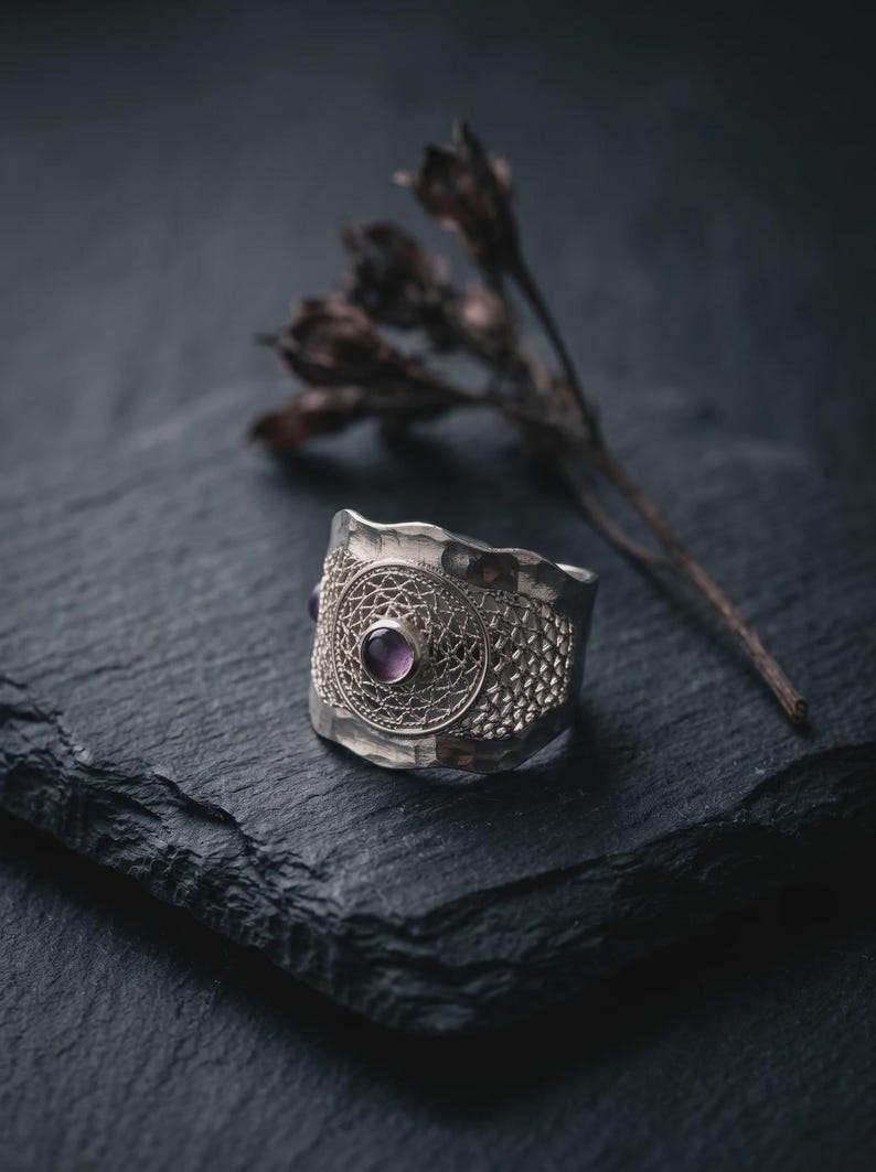 Purple Amethyst Statement Ring 925 Sterling Silver, Handmade Filigree Telkari Band for Women, February Birthstone Artisan Jewelry image 1