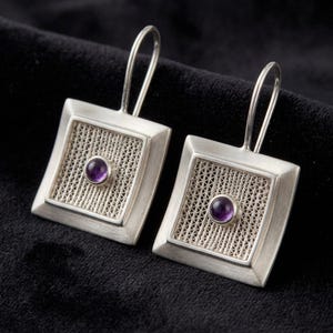 Amethyst Drop Earrings 925 Sterling Silver, Handmade Square Filigree Telkari Dangle Earrings, Purple Gemstone Artisan Jewelry Gift for Her