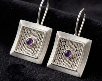 Amethyst Drop Earrings 925 Sterling Silver, Handmade Square Filigree Telkari Dangle Earrings, Purple Gemstone Artisan Jewelry Gift for Her