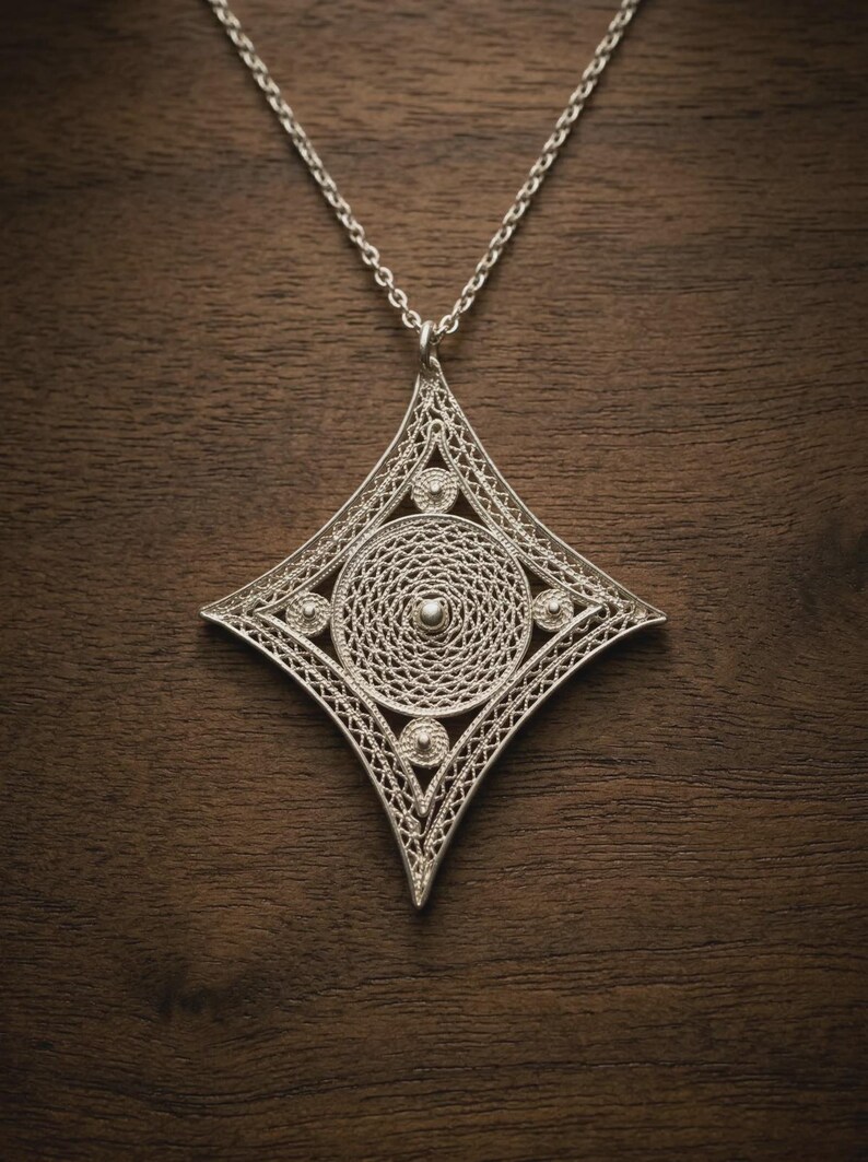 Sterling Silver Filigree Necklace, Handmade 925 Silver Pendant Necklace for Women, Lace Telkari Necklace, Elegant Artisan Jewelry Gift image 2