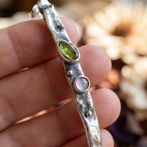 Long Drop Earrings 925 Sterling Silver, Handmade Hammered Dangle Earrings with Peridot and Amethyst, Oxidized Artisan Jewelry Gift image 1