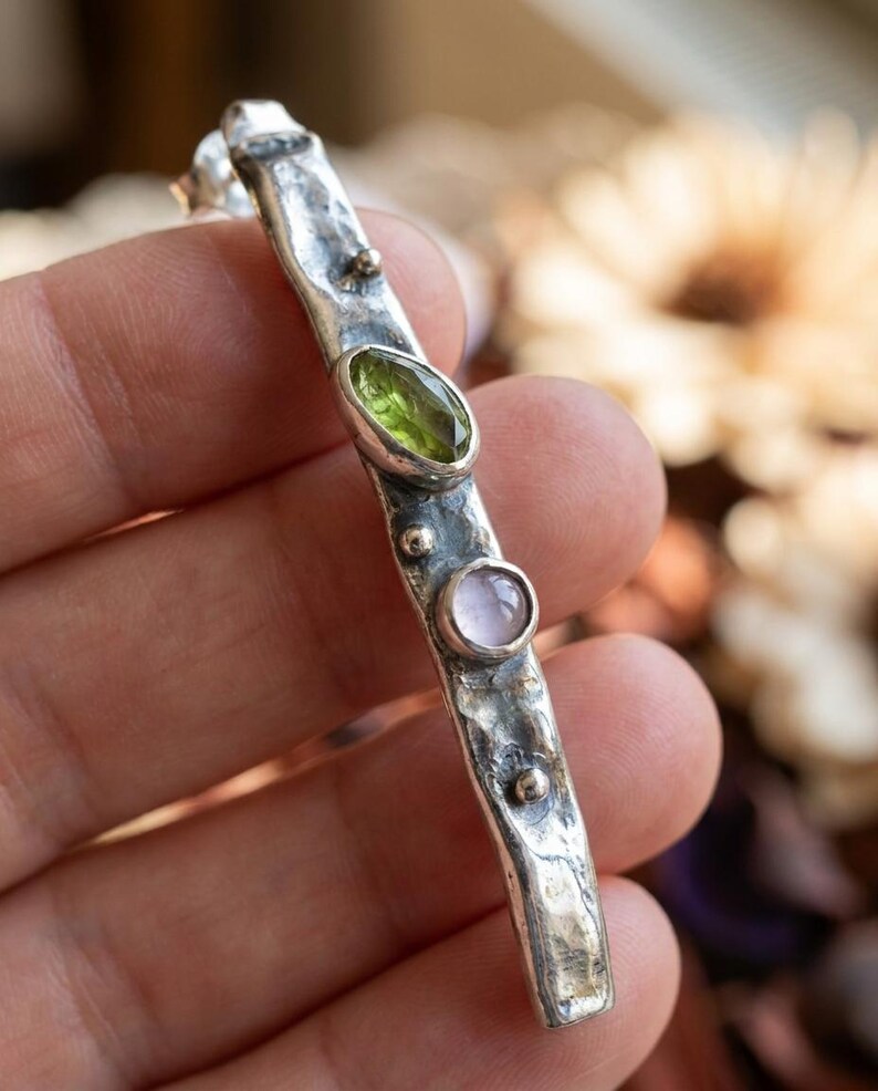 Long Drop Earrings 925 Sterling Silver, Handmade Hammered Dangle Earrings with Peridot and Amethyst, Oxidized Artisan Jewelry Gift image 1