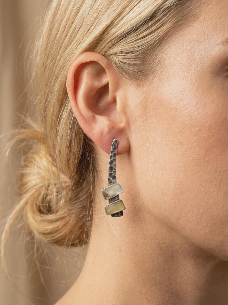 Mother of Pearl Earrings Sterling Silver, Handmade Oxidized Drop Earrings for Women, White Shell Dangle Earrings, Artisan Jewelry Gift image 2