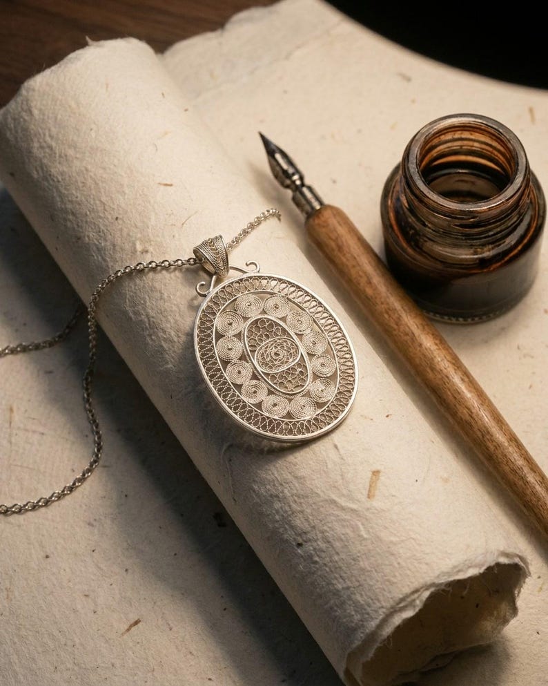 Large Filigree Pendant Necklace 925 Sterling Silver, Handmade Telkari Statement Necklace for Women, Anatolian Artisan Jewelry Gift image 8