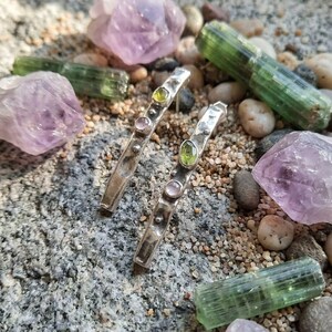 Long Drop Earrings 925 Sterling Silver, Handmade Hammered Dangle Earrings with Peridot and Amethyst, Oxidized Artisan Jewelry Gift image 4
