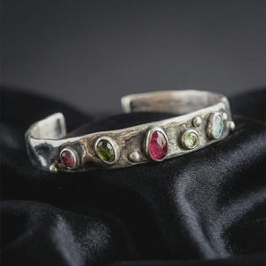 Sterling Silver Cuff Bracelet, Adjustable Open Bangle with Tourmaline, Handmade Filigree Statement Bracelet for Women, Artisan Jewelry image 1