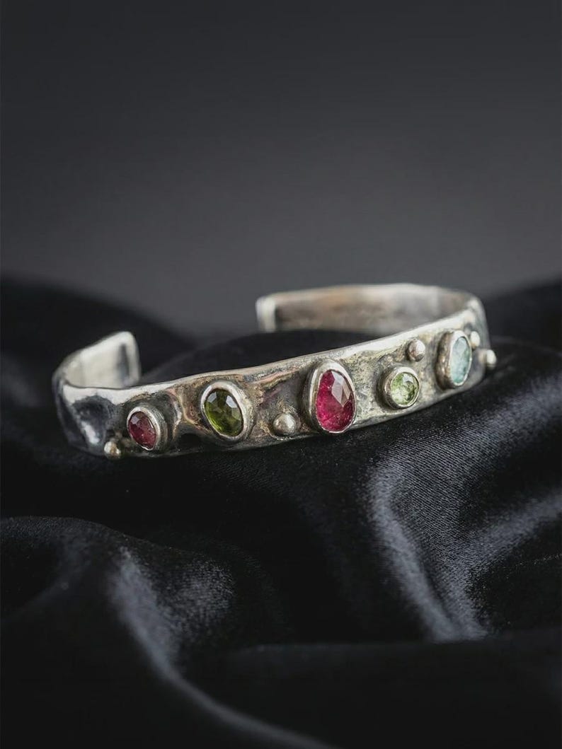 Sterling Silver Cuff Bracelet, Adjustable Open Bangle with Tourmaline, Handmade Filigree Statement Bracelet for Women, Artisan Jewelry image 1