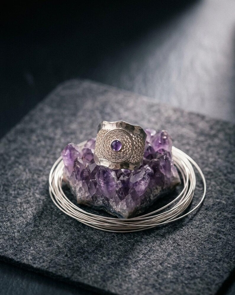 Purple Amethyst Statement Ring 925 Sterling Silver, Handmade Filigree Telkari Band for Women, February Birthstone Artisan Jewelry image 5