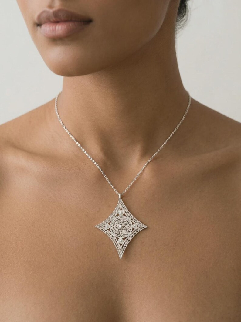 Sterling Silver Filigree Necklace, Handmade 925 Silver Pendant Necklace for Women, Lace Telkari Necklace, Elegant Artisan Jewelry Gift image 3