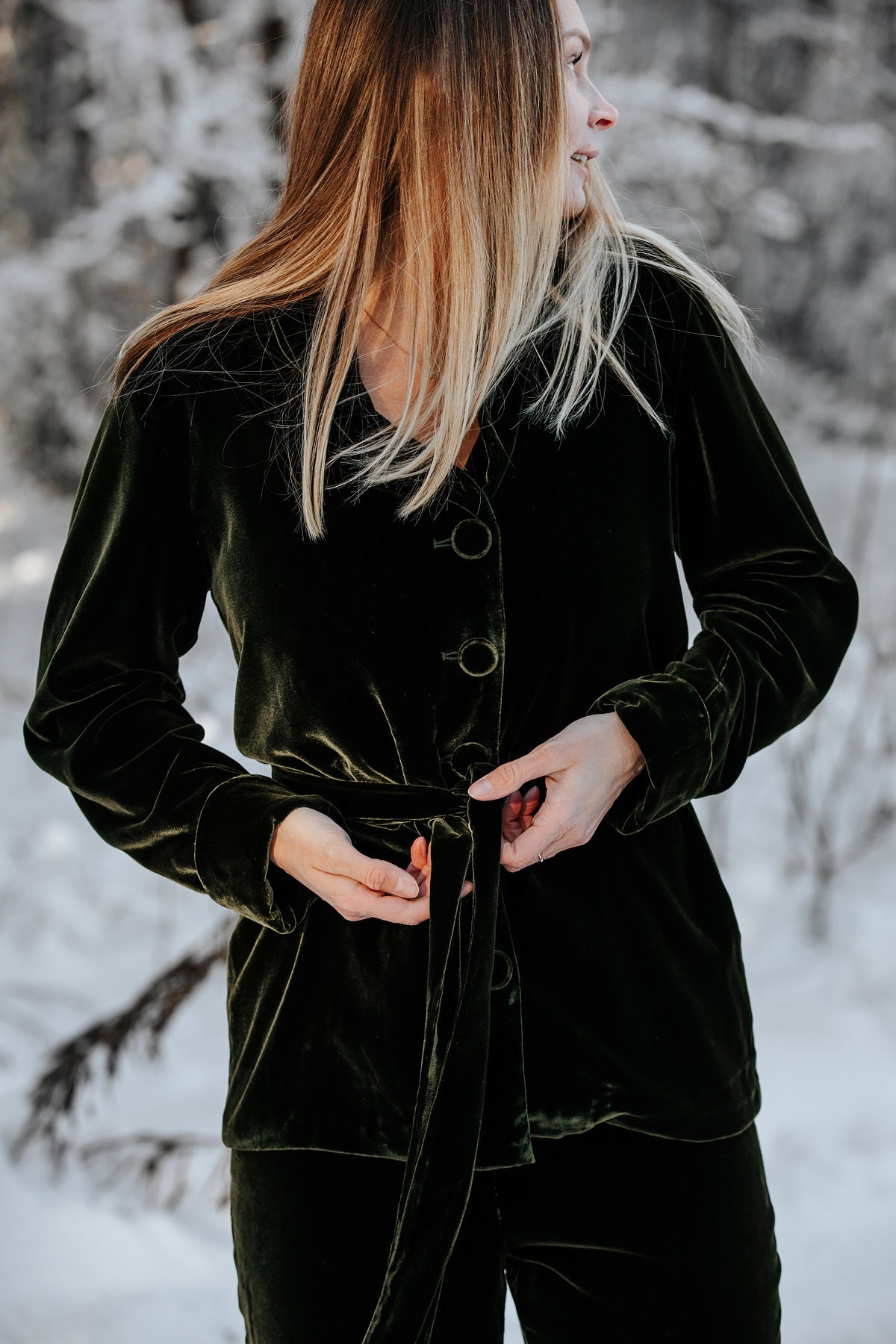 Moss Green Trouser Suit Velvet Blazer 