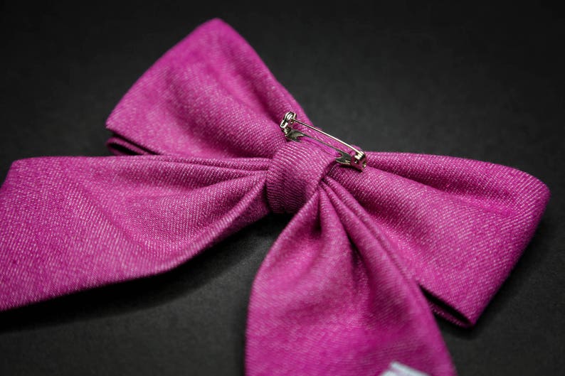 Gift for her Pink brooch Denim woman bow tie Summer accessory