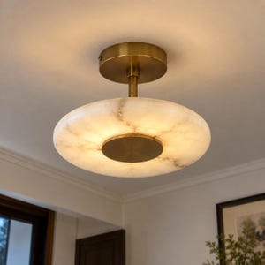 Alabaster Flush Mount Ceiling Light, Brass Semi Flush Ceiling Fixture, Natural Stone Light, Modern Alabaster Ceiling Lamp