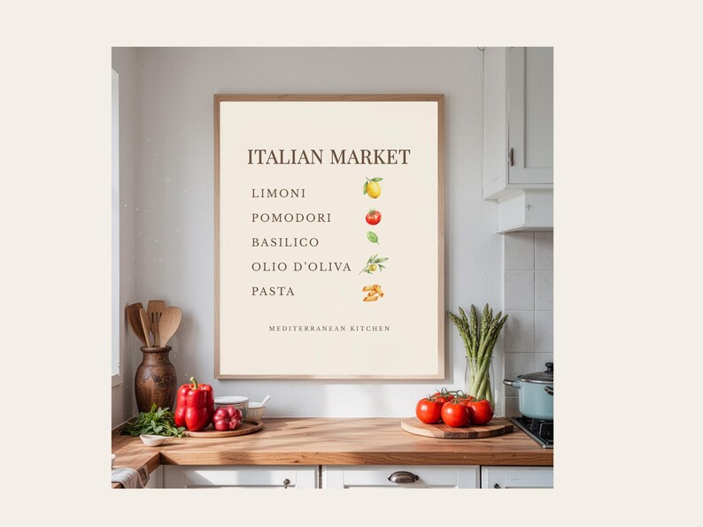 Italian Market Poster, Mediterranean Kitchen Wall Art, Food Ingredients ...