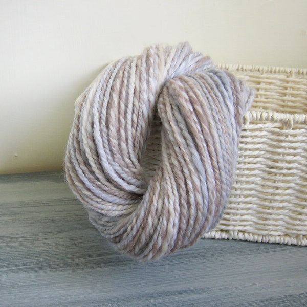 Hand spun yarn in mink, white, blue and cream 132 yards in bulky weight - Pebble cove collection chunky handspun merino wool