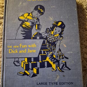 Puede incluir: Libro infantil vintage titulado "The New Fun with Dick and Jane". La portada es de color azul grisáceo apagado con ilustraciones de niños jugando con bloques amarillos y negros. También se ve el texto "Large Type Edition".