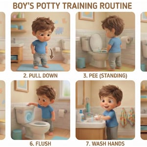 Puede incluir: Guía ilustrada para el entrenamiento para ir al baño, con un niño en camisa azul y pantalón gris. La secuencia incluye acciones como bajar los pantalones, usar el inodoro, limpiar, tirar de la cadena, lavarse y secarse las manos. Texto: "BOY'S POTTY TRAINING ROUTINE".