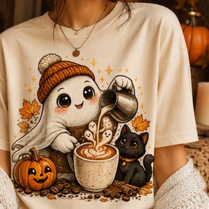 Épices de citrouille Ghost Barista PNG | Sublimation de chat de Halloween de café (4500x4500 PNG)