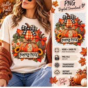 May include: A cream-colored t-shirt featuring a graphic of three pumpkins decorated with bows, sunflowers, and autumn leaves, with a wooden sign reading PUMPKIN PATCH. The design includes orange plaid, floral, and leopard print patterns on the pumpkins.