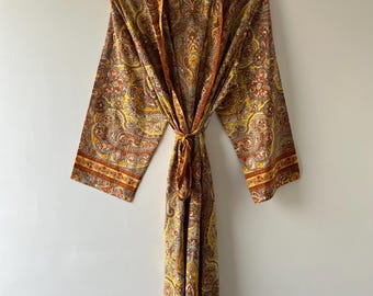 Vintage Kasturi Silk Kimono Robe, Paisley Boho Wrap, Indian Handmade Dressing Gown