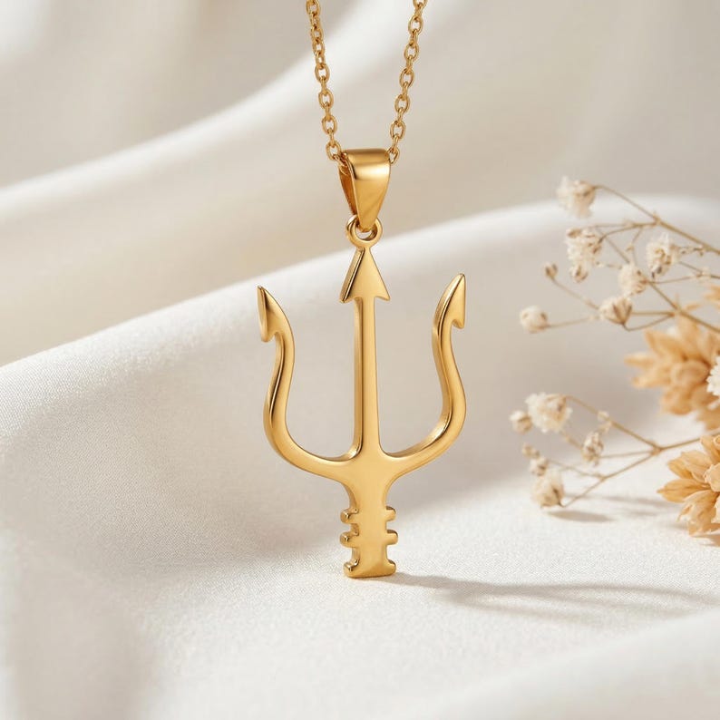 Neptune trident necklace in 925 sterling silver gold plated finish, mythology ocean symbol pendant with minimalist trident design on a delicate cable chain, symbolic jewelry gift for him her inspired by sea god Neptune, clean polished surface and balanced three prong shape