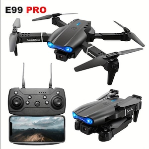 Puede incluir: Drone negro E99 PRO con hélices plegadas, un mando a distancia y un smartphone que muestra un paisaje. El dron tiene luces azules y el texto "Link Best" en su brazo.