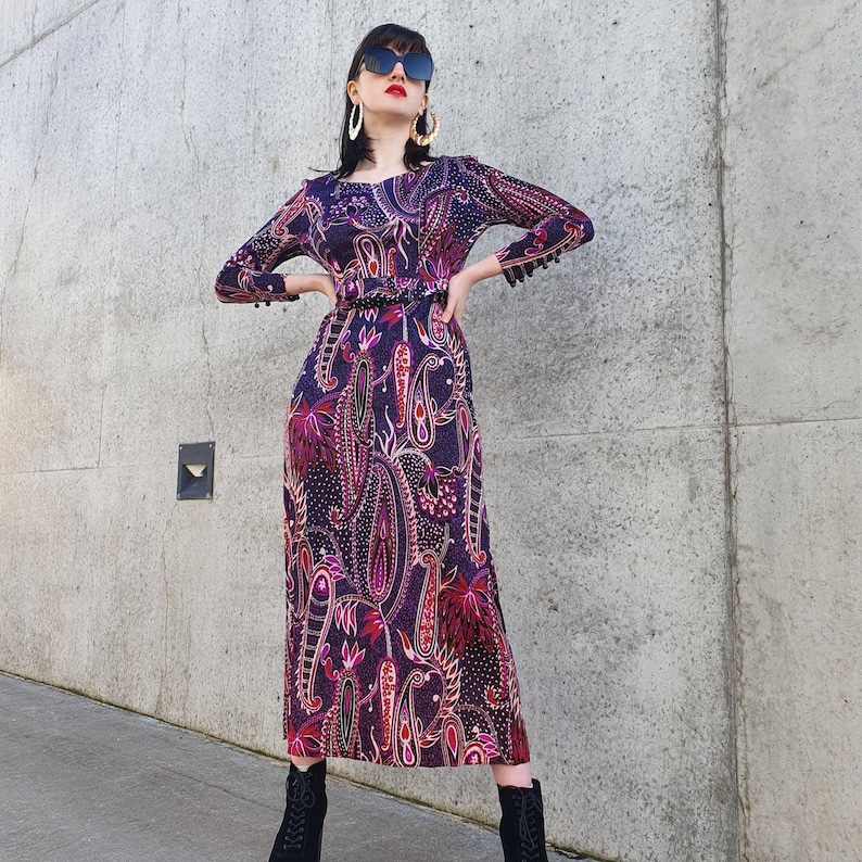 M L Vintage 70s 1970s Black and Purple Psychedelic Pucci Esque Print Slinky Polyester Jersey Eastex Belted Long Slv Maxi Dress