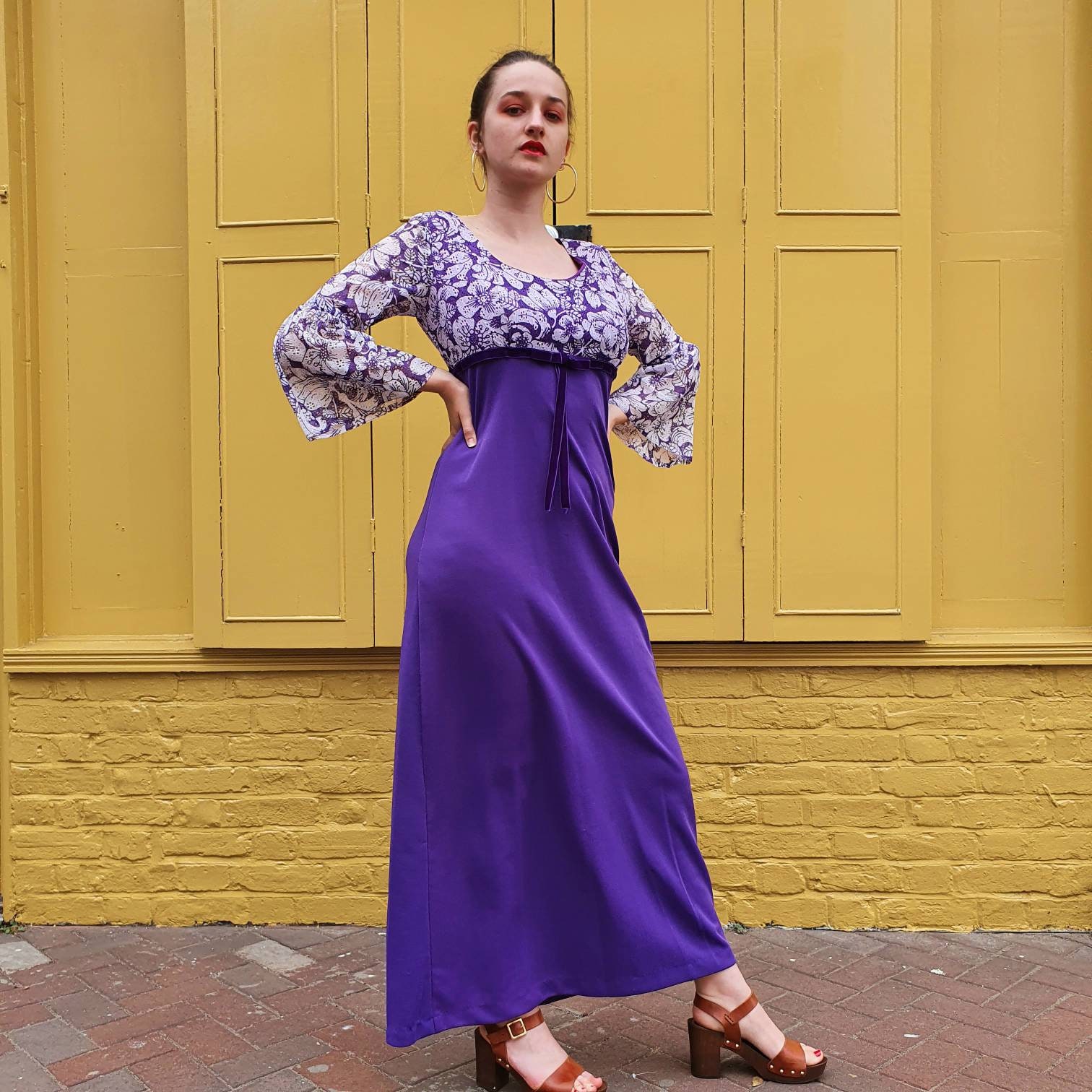 Image of Gorgeous Vintage 's Purple Printed Lace Dress Empire Waist, Velvet Ribbon Trim With Long Gathered Sleeves