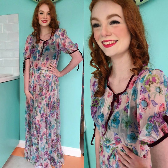 Incredible Vintage VTG 1930s 30s Sheer Floral Prin