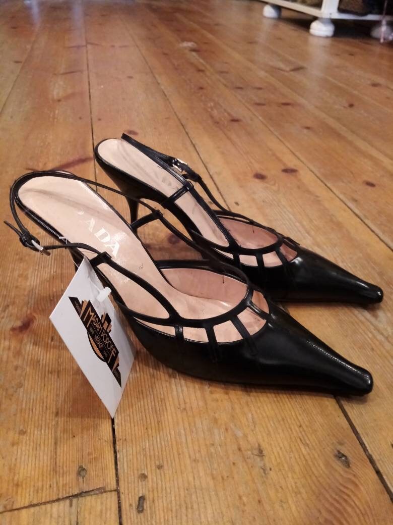 Vintage 1990s Prada Black Leather Strappy Slingback Pointy Vintage 1990s Prada Black Leather Strappy Slingback Pointy