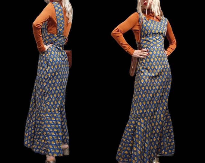 Vintage 1970s 70s Indian Block Print Cotton Maxi Pinafore Dress Fishtail Hem M