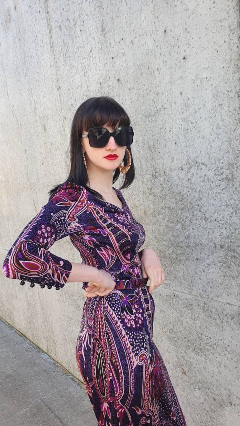 M L Vintage 70s 1970s Black and Purple Psychedelic Pucci Esque Print Slinky Polyester Jersey Eastex Belted Long Slv Maxi Dress