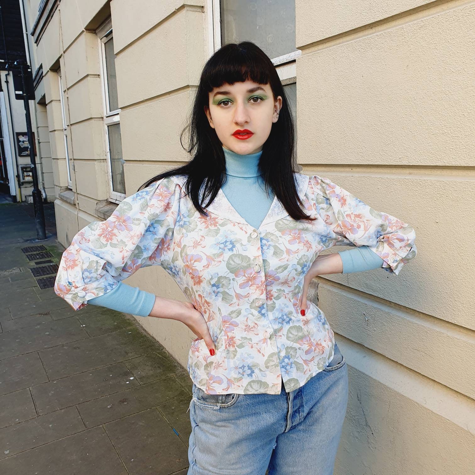 Image of Vintage S S Cottage Core Princess Diana Lace Shawl Collar Pastel Floral Blouse Puff Sleeves M L