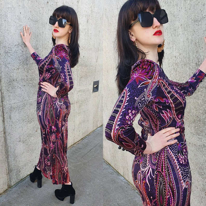 M L Vintage 70s 1970s Black and Purple Psychedelic Pucci Esque Print Slinky Polyester Jersey Eastex Belted Long Slv Maxi Dress