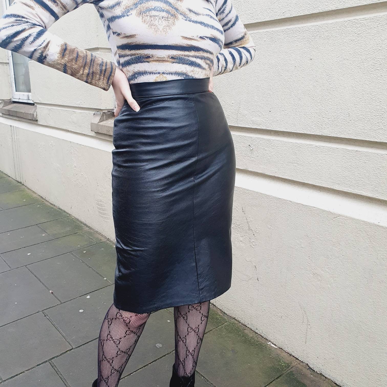80/'s Vintage Black Leather Pencil Skirt High Waist Fitted Wiggle Pegged Skirt Size XSmall 26 inch Waist