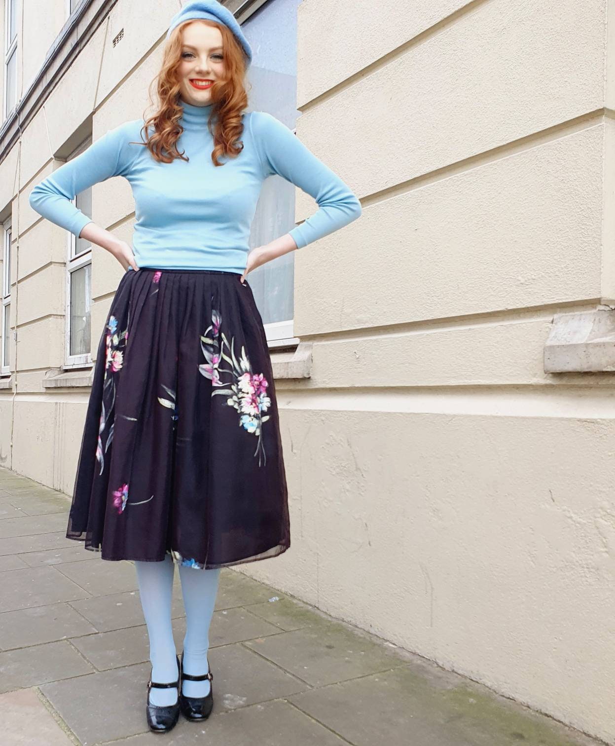 Image of Vintage S S Black Georgette Hand Painted Floral Knee Length Skirt By Finesse London  Inch Waist S M