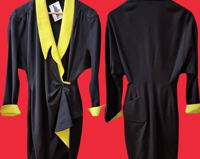Vintage 1990s 90s does 40s style RARE Thierry MUGLER Black and Yellow Wool Jersey Sculpted Wrap  Knee Length Dress M L