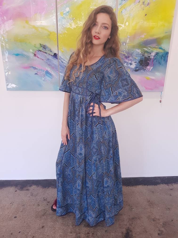 Image of Beautiful Rare Blue Vintage S Annabelinda Anna Belinda Wool Folk Maxi Dress Print Arts & Crafts S S Ribbon Trim Flutter Slv