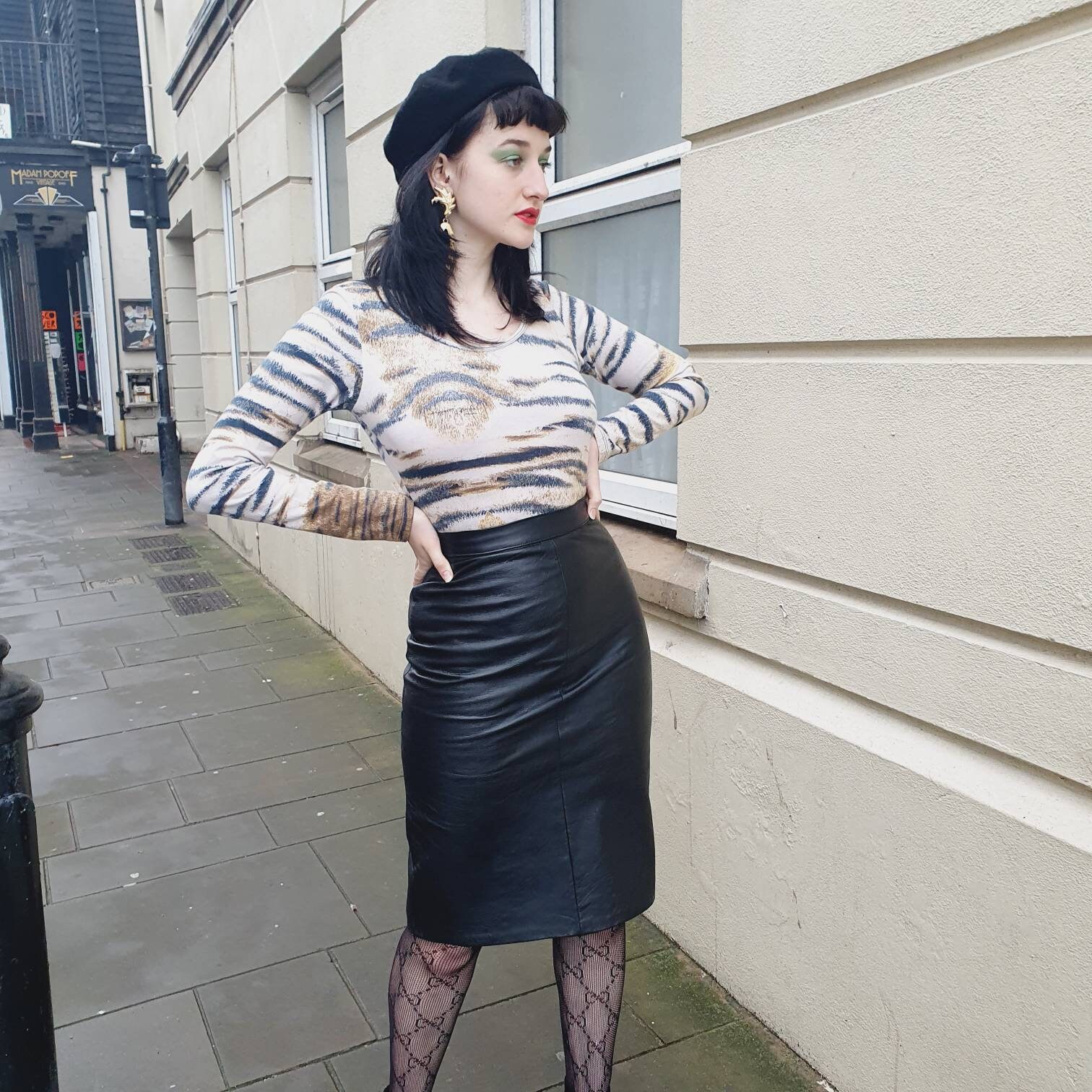 80/'s Vintage Black Leather Pencil Skirt High Waist Fitted Wiggle Pegged Skirt Size XSmall 26 inch Waist