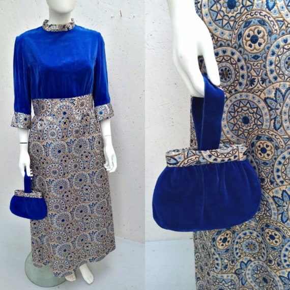 Vintage 60s Blue Velvet and Metallic Brocade Maxi