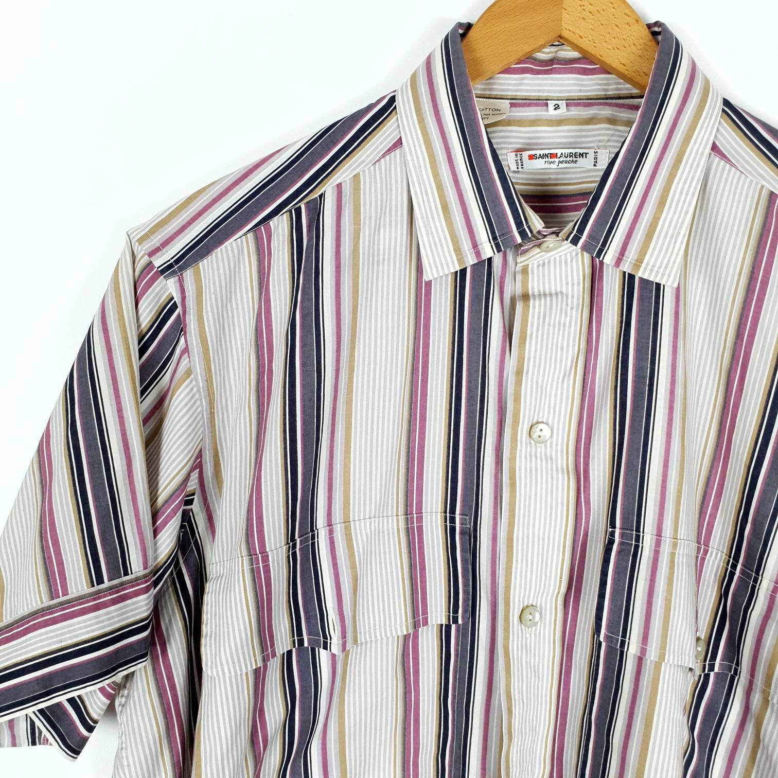 Image of Vintage 1970S 70S Ysl Yves Saint Laurent Rive Gauche Cool Cotton Pinstriped Shirt With Short Sleeves M L