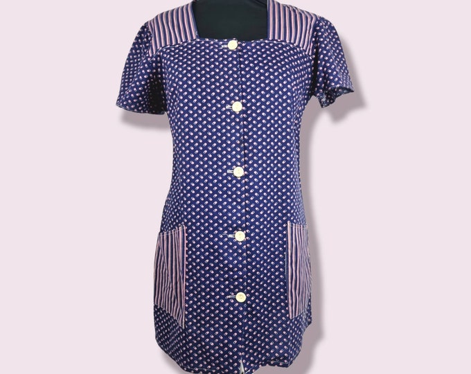 Vintage 1970s 70s Blue Pink and White Cotton Button Front Tunic Top Pockets 38 Bust M Mini Dress