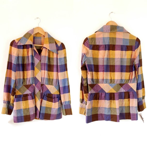 Unusual vintage 1970s Raw Silk Button Up Top Tailo