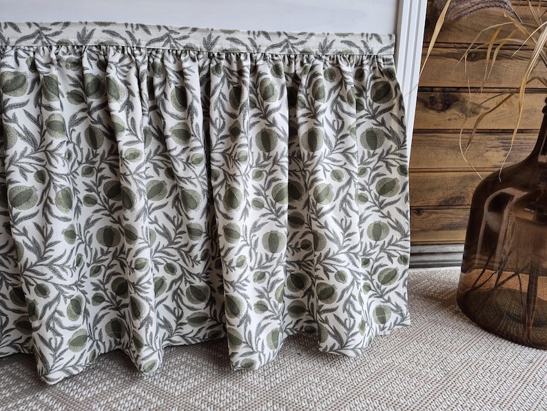 Pomegrante botanical sink skirt, olive green curtains, aucaliptus shelf skirt, self adhesive dishvasher cover, kitchen cupboard cover image 6