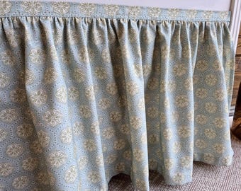 Duck egg blue foral shelf skirt, floral for bathroom, utility skirt, vanity shelf skirt, self adhesive sink curtain, kitchen cupboard cover