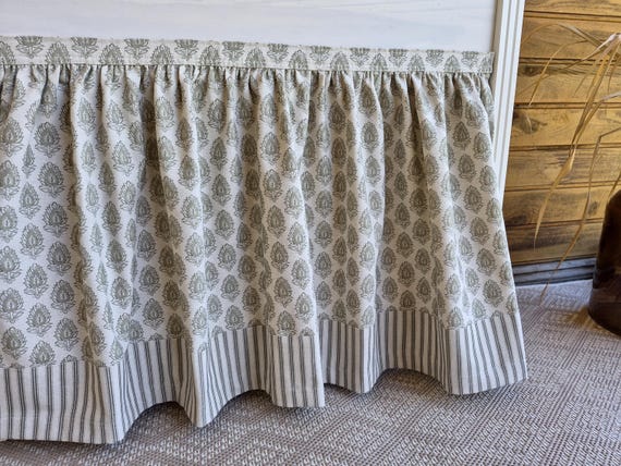 Damask pattern fabric shelf skirt, floral for kitchen, utility skirt, moss green, selfadhesive sink curtain, dishwasher cover