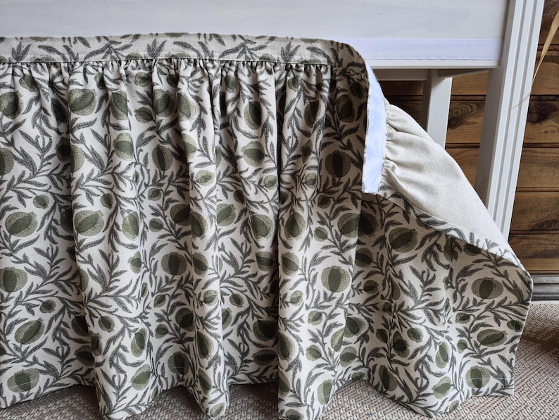 Pomegrante botanical sink skirt, olive green curtains, aucaliptus shelf skirt, self adhesive dishvasher cover, kitchen cupboard cover image 4