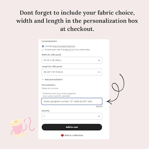May include: Screenshot of an Etsy listing for curtains. The listing includes a form to customize the order, with options for width and length. The text reads, "Green gingham curtain, 30cm wide by 102cm tall."