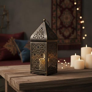 Op de afbeelding: Een bronzen metalen lantaarn met ingewikkelde geometrische uitsparingen, die op een houten tafel staat. De lantaarn heeft een puntig dak en een handvat. Aangestoken kaarsen zijn binnenin zichtbaar en er staan ​​verschillende onverlichte kaarsen op de achtergrond.